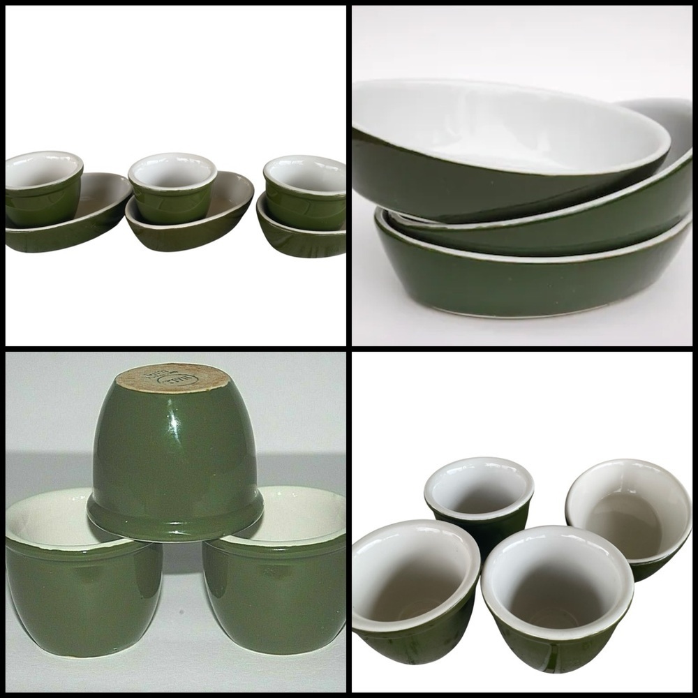 Hall Ceramic 6 Pc (3) 2081 Olive Green Boston Baker Dish (3) 352 Ramekin Cups